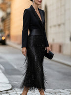 Ernestina | Abito Midi Stile Blazer con Frange di Paillettes, Nero