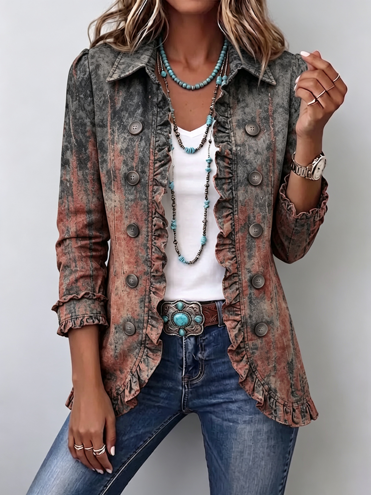 Flavie | Giacca Vintage Sfumata Testurizzata con Balze